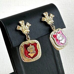 Heraldic Clip-On Earrings, Red and Gold Medieval Style